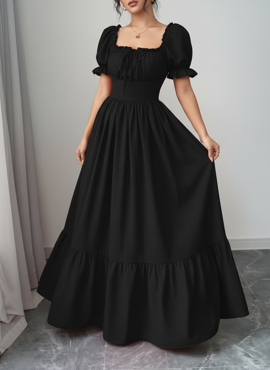 Elegant Bubble Sleeve Bow Dress