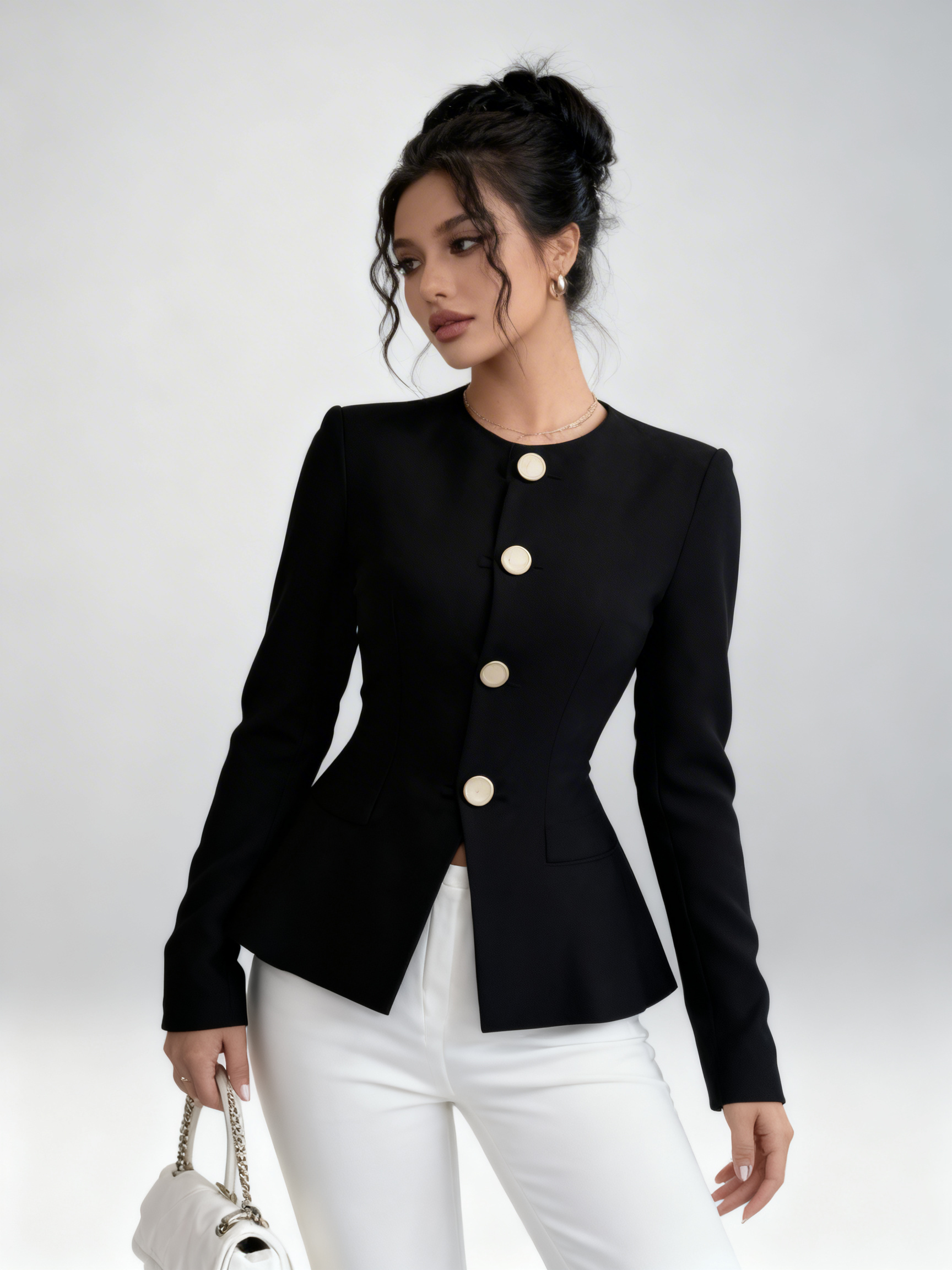 Elegant Waist-Tightening Jacket with Golden Accents