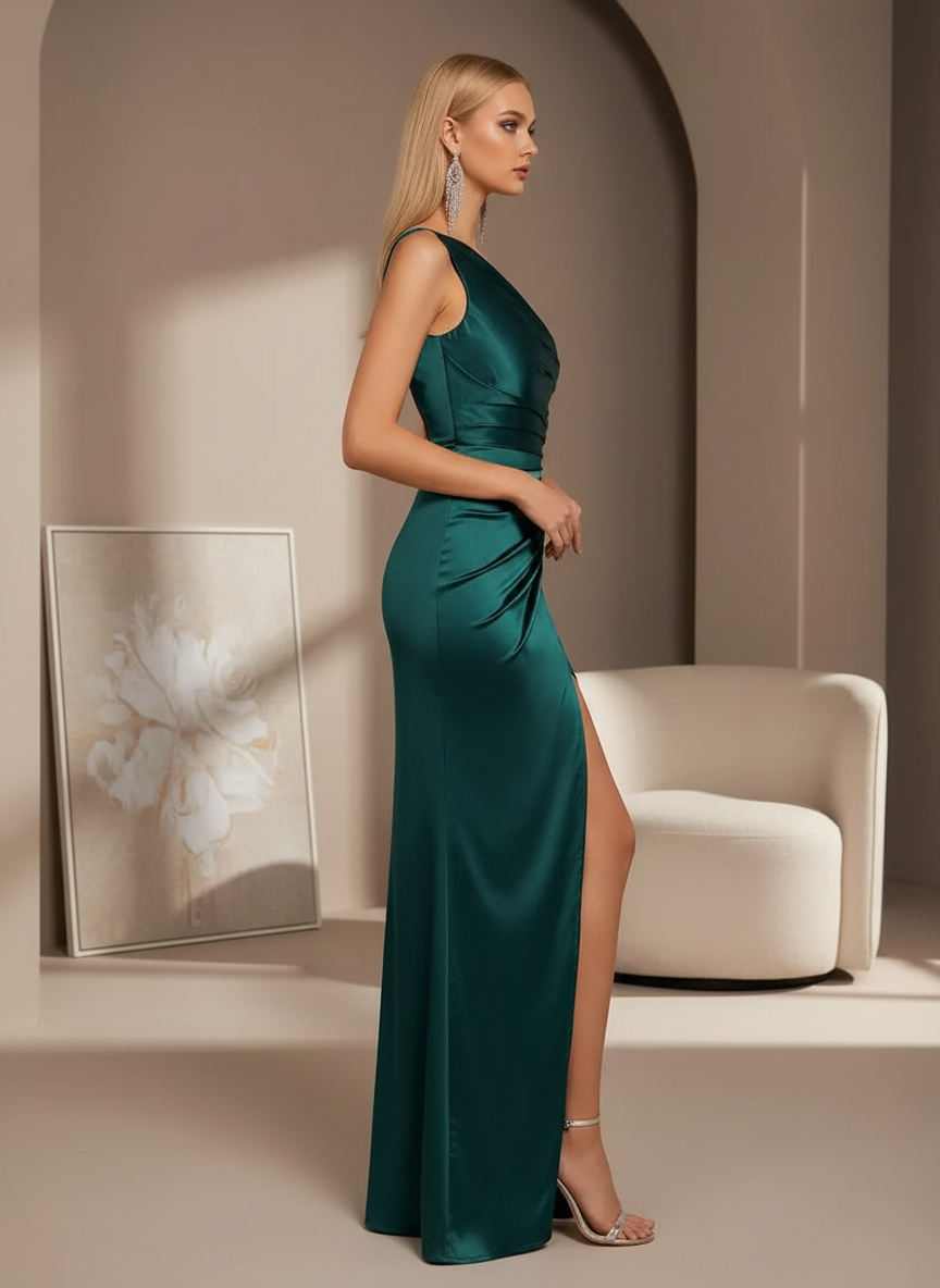 Satin Elegance: One-Shoulder Gown with Graceful Hem