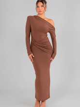 Sophisticated Backless Long-Sleeve Dress in Shimmering Brown