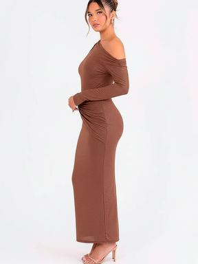 Sophisticated Backless Long-Sleeve Dress in Shimmering Brown