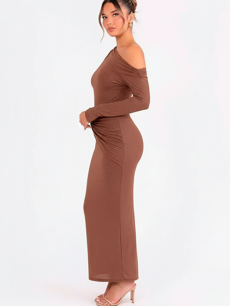 Sophisticated Backless Long-Sleeve Dress in Shimmering Brown