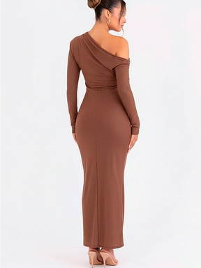 Sophisticated Backless Long-Sleeve Dress in Shimmering Brown
