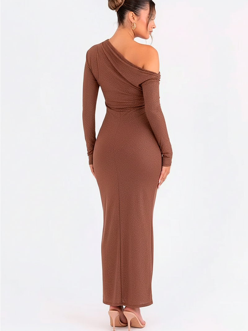 Sophisticated Backless Long-Sleeve Dress in Shimmering Brown