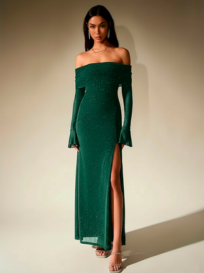 Elegant Off-Shoulder Sequin Maxi Dress with Bell Sleeves