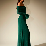 Elegant Off-Shoulder Sequin Maxi Dress with Bell Sleeves
