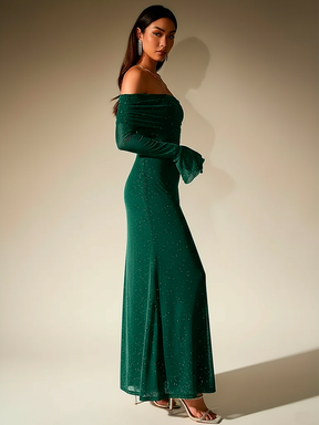 Elegant Off-Shoulder Sequin Maxi Dress with Bell Sleeves