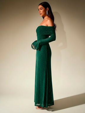 Elegant Off-Shoulder Sequin Maxi Dress with Bell Sleeves