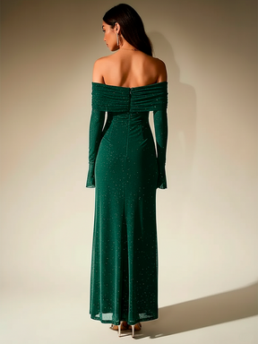 Elegant Off-Shoulder Sequin Maxi Dress with Bell Sleeves