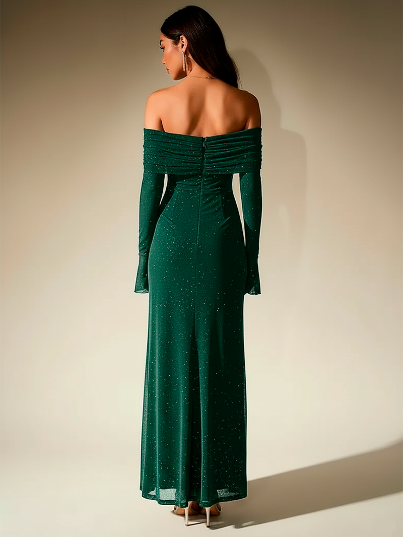 Elegant Off-Shoulder Sequin Maxi Dress with Bell Sleeves