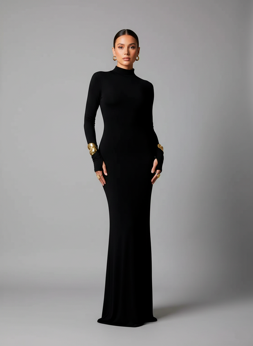 Elegant Black Long-Sleeve Dress - Timeless Sophistication