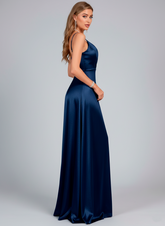Elegant Plus Size Satin Gown with V-Neck and Side Slit