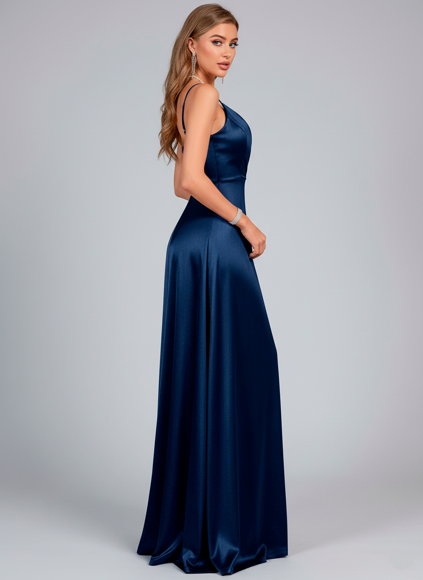 Elegant Plus Size Satin Gown with V-Neck and Side Slit