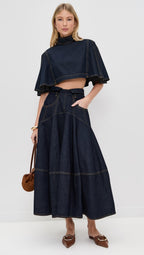 The Architectural Duo: Cape-Style Collar & Pleated Denim Ensemble