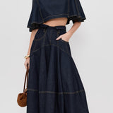 The Architectural Duo: Cape-Style Collar & Pleated Denim Ensemble